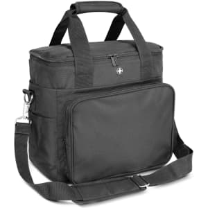 A black cooler bag with a zippered main compartment, front pocket, handles, and a detachable shoulder strap.