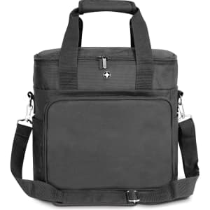 A black cooler bag featuring sturdy handles, a shoulder strap, and a front pocket with a logo.