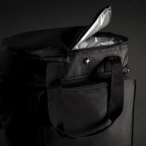 A black cooler bag featuring a silver insulated interior and a zippered opening, with sturdy handles and a logo.