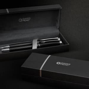 A metal pen set in a sleek black box featuring silver accents and a logo. The pens are predominantly black.