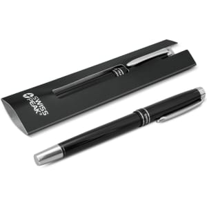A rollerball pen in black with silver accents, presented in a sleek packaging, featuring a logo.