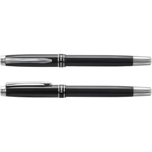 A sleek black metal rollerball pen with chrome accents, featuring a branded clip and a smooth finish.