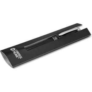A metal rollerball pen in a sleek black packaging, featuring a branding logo. The pen is silver and black.