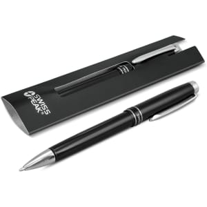 A black metal ballpoint pen with silver accents, presented in a sleek packaging, featuring a brand logo.