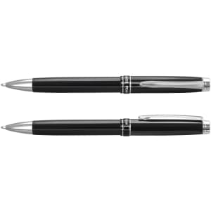 A black metal ballpoint pen with silver accents, featuring a branded clip and smooth writing action.
