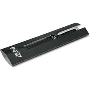 A black metal ballpoint pen with a silver clip, presented in a sleek black packaging featuring a logo.
