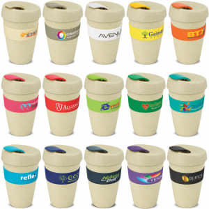 A drink bottle collection featuring natural-coloured cups with various coloured bands and a lid design.