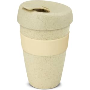 A drink bottle in a natural, speckled finish with a light-coloured band and a fitted lid.