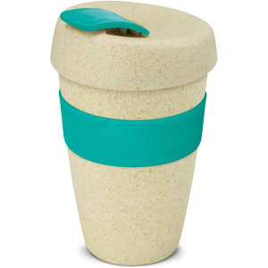 A drink bottle featuring a speckled natural finish with a teal silicone grip and lid. It has a sleek cup design.