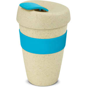 A drink bottle with a speckled cream body, blue silicone band, and matching lid. Features a logo.