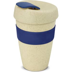 A drink bottle in a natural colour with a navy silicone band and a lid. Features a logo. Holds 480ml.