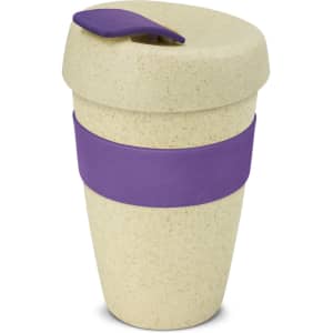 A drink bottle featuring a natural-coloured body, purple band, and a purple lid. It has a logo on the side.