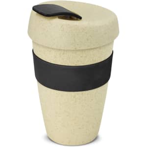 A drink bottle in a pale yellow shade with a black silicone band and lid, featuring a smooth, textured finish.
