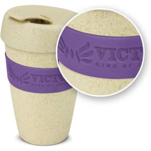 A drink bottle in natural colour with a purple silicone band and a lid, featuring a logo. Capacity of 480ml.