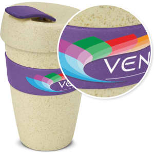 A drink bottle in natural colour with a purple band and a lid, featuring a logo. Capacity is 480ml.