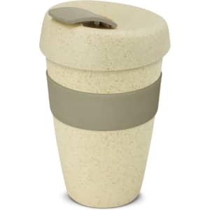 A drink bottle in a speckled beige colour with a green silicone band and a fitted lid. It features a logo.