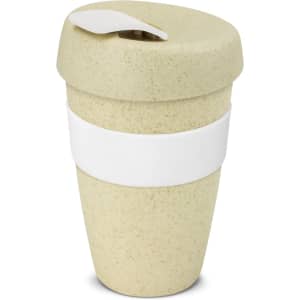A drink bottle in a natural beige colour with a white lid and band. Features a branded logo.