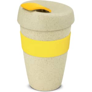 A drink bottle with a natural textured finish, featuring a yellow band and lid. Capacity is 480ml.