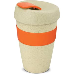A drink bottle in a natural beige colour with a bright orange band and lid, featuring a logo.