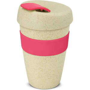 A drink bottle in a natural colour with a pink band and lid, featuring a secure opening mechanism.