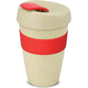 A drink bottle in a light beige colour with a red band and lid, featuring a logo on the side.