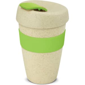 A drink bottle featuring a natural beige base with a green band and lid, showcasing a sleek, eco-friendly design.