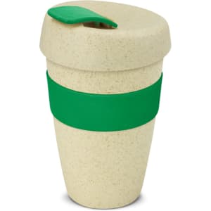 A drink bottle in natural tones with a green silicone band and lid, designed for hot or cold beverages.