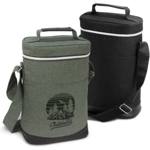 A green and black wine cooler bag with handles and a shoulder strap, featuring a logo on the front.