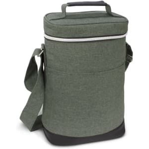 A drink bottle cooler bag in olive green with a zip closure, carry handle, and adjustable shoulder strap.