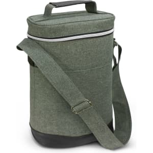 A drink bottle cooler bag in green fabric with a black base and adjustable shoulder strap, featuring a zippered closure and handle.