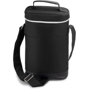 A drink bottle cooler bag in black, featuring a zippered top, a carry handle, and an adjustable shoulder strap.