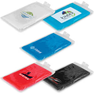 A set of four gel packs in clear packaging, featuring blue, red, and black colours, each with a logo.