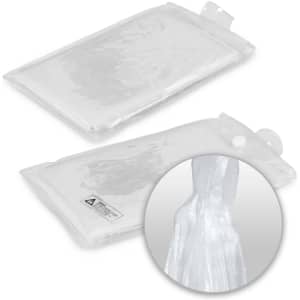 A transparent emergency poncho in a clear packaging, featuring a logo. The poncho is lightweight and waterproof.