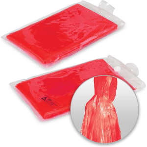 A red emergency poncho in a sealed package, featuring a simple design and a logo on the packaging.
