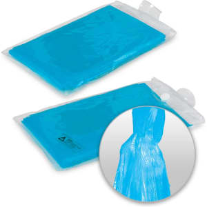 A blue emergency poncho packaged flat, with a close-up showing the poncho's design and materials. It has a logo.