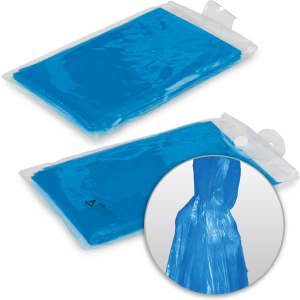A blue emergency poncho packaged in a plastic wrapper, featuring a circular inset that highlights the poncho's design.