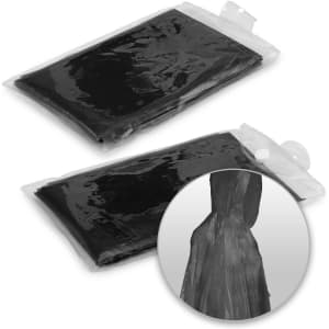 A folded black poncho packaged in clear plastic, featuring a round inset showing the poncho worn.
