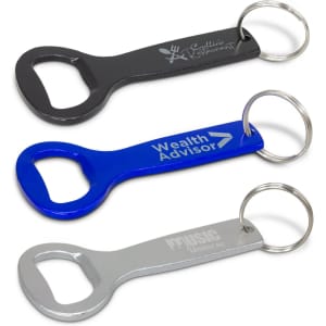A drink bottle opener key ring set featuring black, blue, and silver finishes, each with a key ring attachment.