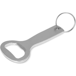 A drink bottle opener key ring in silver with a circular attachment for keys.