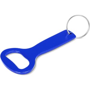 A drink bottle opener key ring in bright blue with a metal key ring for easy attachment.