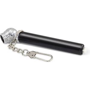 A black tyre pressure gauge key ring with a silver cap and a metal chain attachment.