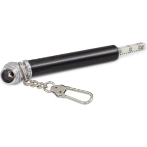 A black tyre pressure gauge key ring with a silver chain attachment and a measuring scale.