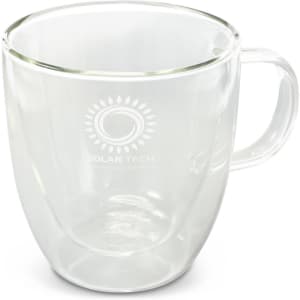 A double wall glass cup with a clear design and a handle, featuring a logo on the front.