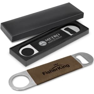 A drink bottle opener in a sleek box, featuring a metal body and a brown leather handle with branding.