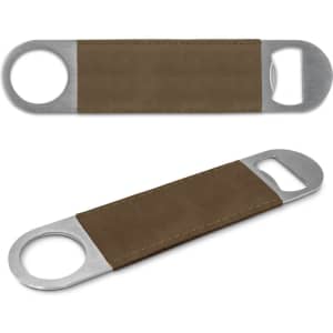 A drink bottle opener with a stainless steel end and a brown suede handle, featuring a logo on one side.