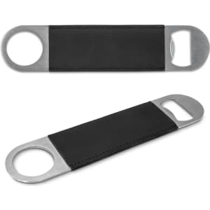 A drink bottle opener featuring a stainless steel body with a black leather grip and a logo.
