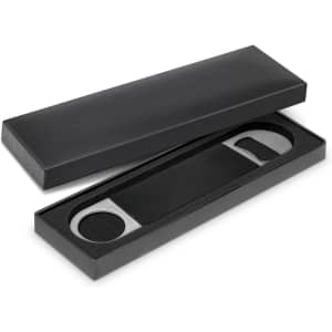 A drink bottle opener in a sleek black box, featuring a stylish metallic opener with a minimalist design.