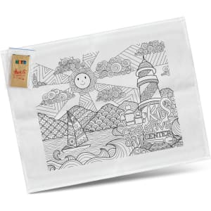 A white cotton tea towel featuring a black and white colouring design with a sun, lighthouse, and waves. It includes colouring pencils.