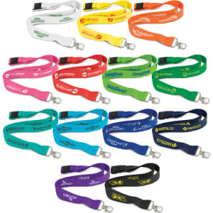 A collection of colourful bamboo lanyards in various shades, each featuring a clip and a logo.