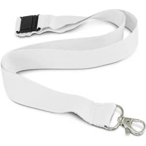 A white bamboo lanyard with a metal clip and a plastic buckle for attachment. Features a logo.